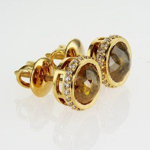 Rose Cut Diamond Halo Earrings Fancy Yellowish Orange 14K Yellow Gold 2.76 TCW